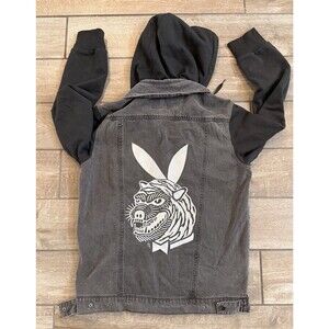 Sketchy Tank denim jacket Playboy Tiger black hood snaps Adult Medium Skater